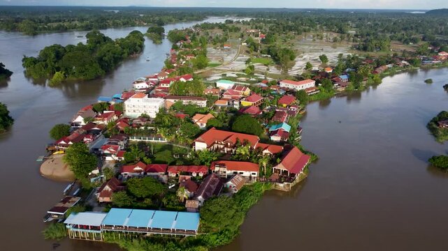 Flyaway over Don Det village along the Mekong River, Laos