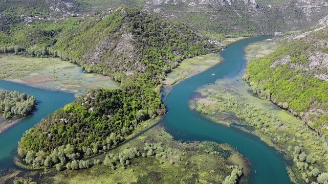 Drone view of Pavlova Strana and Crnojevica River, Skadar, Shkodra Lake, Virpazar, Montenegro