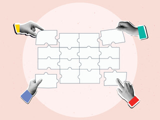 Black and white hands assembling a white puzzle pieces. Modern photo collage style. Vector illustration
