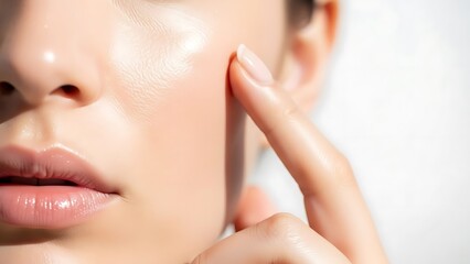 Young woman applying lip balm close-up skincare beauty routine hydrated lips natural soft lighting fresh glowing skin self-care