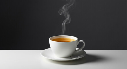 A steaming cup of hot Ceylon tea, a symbol of Sri Lanka's rich culture and heritage, often served during celebrations for Independence Day. The white porcelain cup contrasts sharply with the dark bac