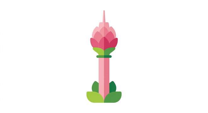 Flat design icon depicting a traditional Sri Lankan stylized lotus flower offering (Pushpa or Nelum Kuluna) in pink and green. Essential cultural symbol representing Sri Lankan heritage, Buddhism, an