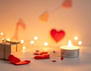 Romantic Candlelight Valentine&rsquo;s Day Scene with Hearts and Gift Box