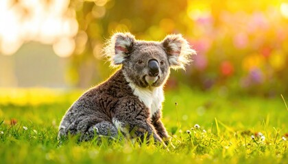 A koala bear sitting peacefully on the grass with sun's light around
