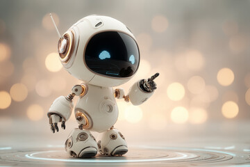 Description Cute futuristic white robot character standing on a glowing platform with bokeh background, representing AI assistance, automation, and smart technology