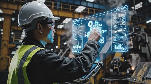 A construction worker in a hard hat and safety vest interacting with a futuristic augmented reality interface in an industrial setting with sparks flying around
