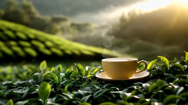 Tea industry. Tea leaves. Plantation. Culture. A closeup of a cup of coffee on a saucer, set against a backdrop of lush green tea leaves. The sunlight filters through the leaves.