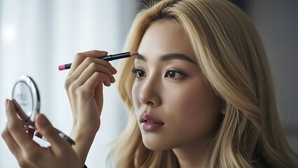 Young woman applying makeup with eyeliner and magnifying mirror, beauty routine close-up, natural soft lighting, skincare and cosmetics concept