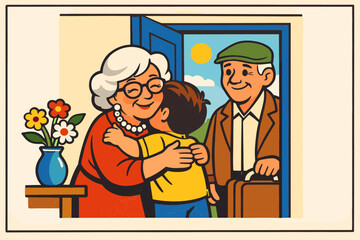 Elderly caucasian couple welcoming child home with warm embrace