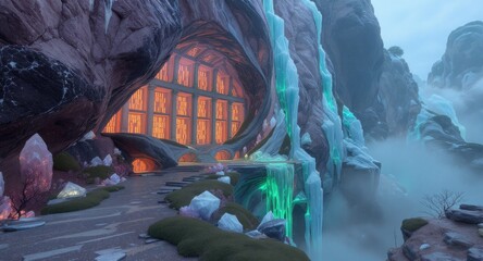 Cave entrance, glowing windows, icy waterfall