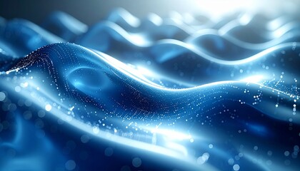 Abstract Blue Digital Waves with Glowing Particles and Connectivity