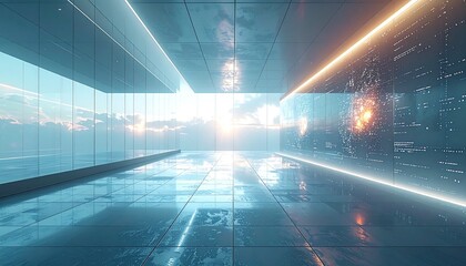 Futuristic glowing hallway with digital screens and city lights reflecting on wet floor