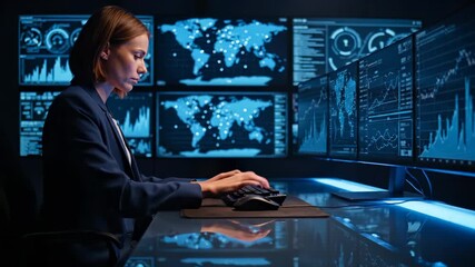 Woman analyst works with data on computer monitors. Professional analyzes chart on screen. Woman types at desk with data monitors. Analyst reviews global map data. Business woman works at computer. - Powered by Adobe