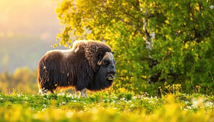 A majestic muskox standing gracefully in a lush, verdant meadow with sunlight filtering through the trees, creating a warm, inviting atmosphere.