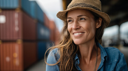 Faceless woman shipping coordinator smiling outdoors with hat casual fashion, industrial cargo happiness, young adult lifestyle confidence with shipping containers backdrop, defocused face, with
