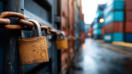Rusty padlock secures weathered door, blurred backdrop of stacked shipping containers hints at global trade and logistics, security hardware, with copy space