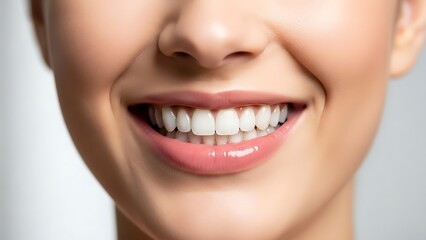 Fototapeta premium Young woman smiling with perfect white teeth showing dental health and beauty close-up portrait on neutral background