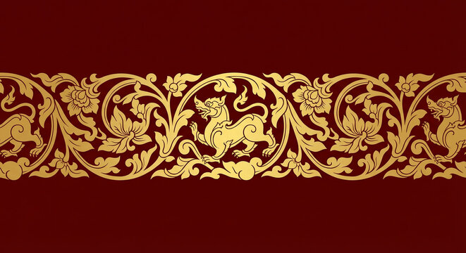 Golden stylized traditional Sri Lankan/Sinhalese pattern border featuring mythological lions and intricate floral motifs (Liyawel) on a deep maroon background, suitable for Independence Day or cultur