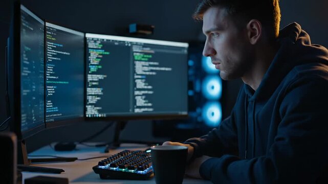 Programmer writes code on multiple monitors during night work session. Developer codes with coffee at desk using keyboard. Programmer monitors display code. Night coding with coffee at workstation.