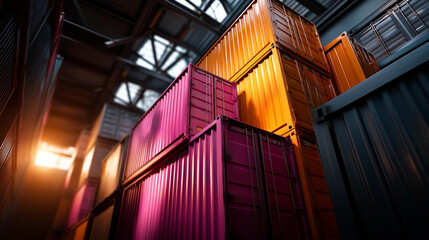 Fototapeta premium Colorful shipping containers stacked in bright warehouse bathed in warm light, creating industrial atmosphere full of depth and perspective, logistics facility storage, with copy space