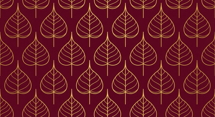 Luxurious Sri Lanka cultural pattern featuring repeating golden Bodhi leaf outlines on a deep burgundy background. Perfect for celebrating Independence Day, symbolizing national heritage, tradition, 
