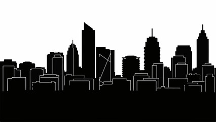 Fototapeta premium Modern cityscape silhouette against a bright white background, showcasing diverse architectural styles.