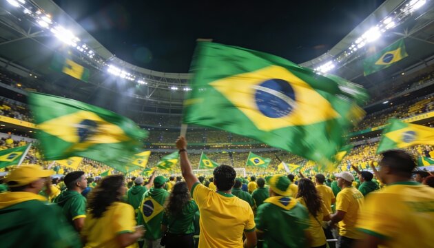 A crowd of people in a stadium waving Brazilian flags and wearing yellow and green clothing