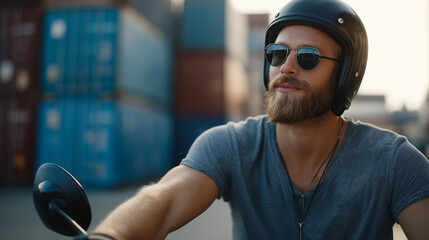 Fototapeta premium Faceless handsome young ethnic bearded guy in t-shirt and helmet sitting on modern motorbike near heap of shipping containers in port and looking away, defocused person, with copy space