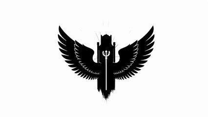 Obraz premium Mysterious winged emblem with trident on white background, representing power and authority.