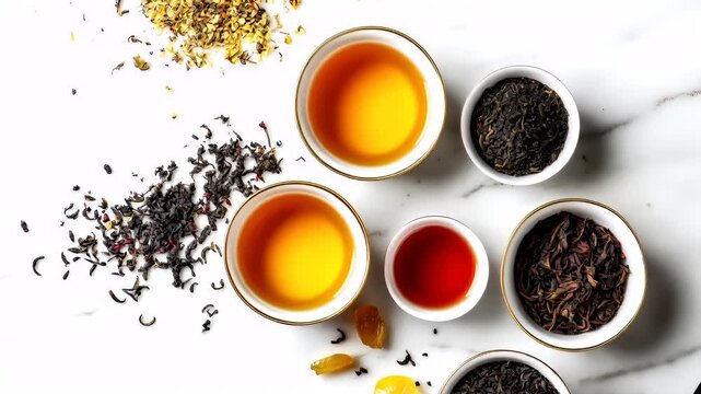 Tea industry. Tea leaves. Plantation. Culture. A topdown view of a tea collection on a marble surface. The main subject is a cup filled with a yellowish liquid, possibly tea.