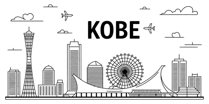 A black and white outline illustration of the iconic kobe city skyline Vector, illustration