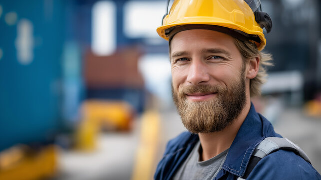Faceless smiling dock worker at busy shipping port, maritime logistics professional, cargo facility employee, port operations laborer, defocused face, with copy space