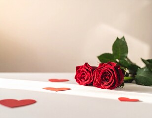 Romantic Valentine&rsquo;s Day Scene with Red Roses and Hearts on White Table