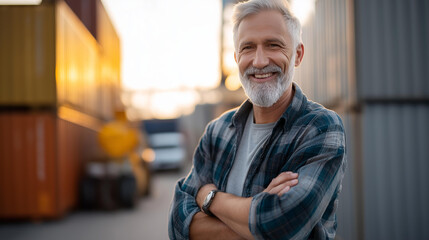 Faceless bearded man with gray hair smiling standing outdoors next to colorful shipping containers during sunset, port worker golden hour, defocused face, with copy space