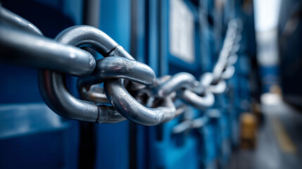 Naklejka premium Supply chain security risks concept, closeup view of blue shipping containers secured with metal chain, showcasing industrial storage and transportation, with copy space