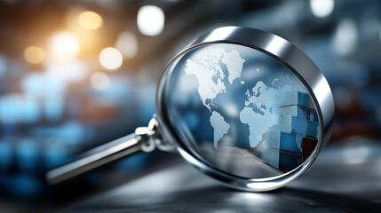 World of goods magnifying glass reveals global reach of shipping containers, international trade visualization, maritime commerce examination, cargo logistics inspection, with copy space