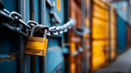 Securely locked shipping containers with prominent padlock and chain, symbolizing safety and protection in shipping yard, vibrant colors of containers create striking visual contrast, with copy