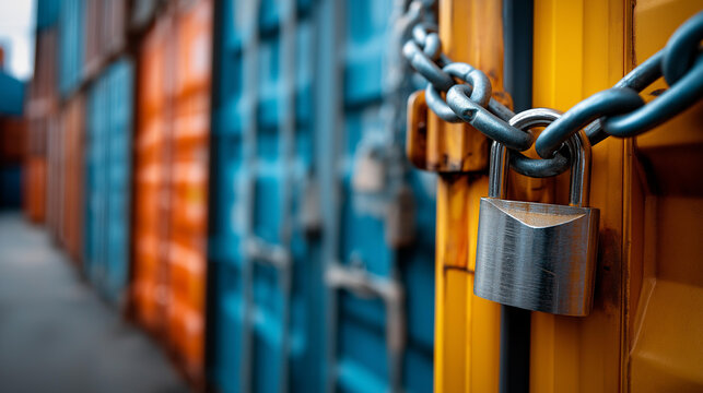 Securely locked shipping containers with prominent padlock and chain, symbolizing safety and protection in shipping yard, vibrant colors of containers create striking visual contrast, with copy