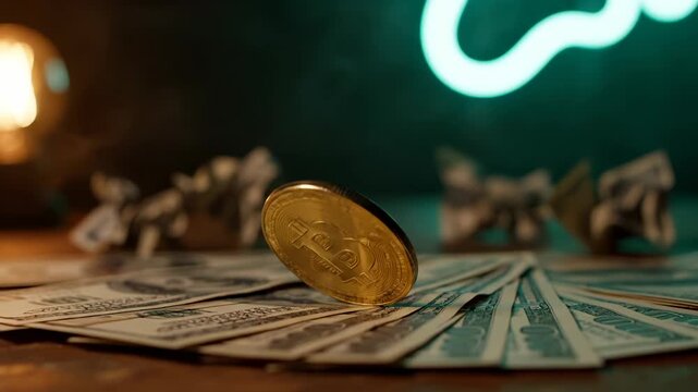 Bitcoin coin rotates on dollar bills with chart neon light. Golden bitcoin on money shows cryptocurrency trading. Bitcoin spins on dollar cash with chart. Crypto coin rotates on bills with neon.