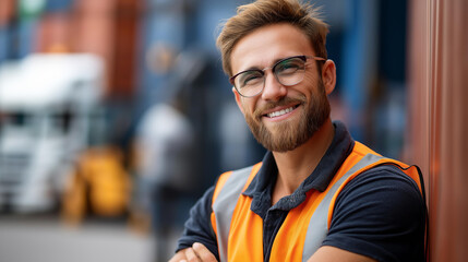 Fototapeta premium Faceless smiling male logistics coordinator managing harbor operations surrounded by shipping containers, ensuring efficient and timely delivery of cargo, defocused face, with copy space