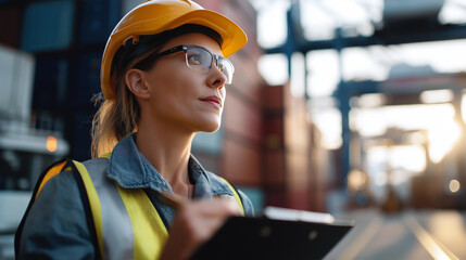 Faceless female logistics coordinator in protective helmet holding clipboard, looking towards busy container terminal with cranes and containers, port management professional, defocused person,