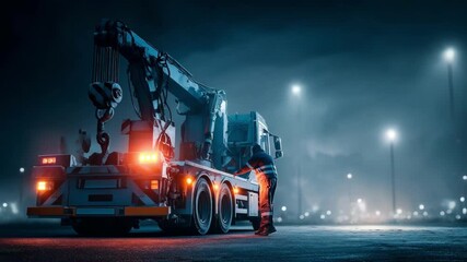 Dynamic medium shot of a tow truck operator adjusting the wheellift apparatus for frontwheel towing during a nighttime roadside recovery.