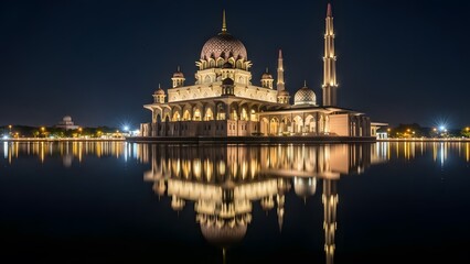 Fototapeta premium Beautiful mosque illuminated at night reflecting on calm water.
