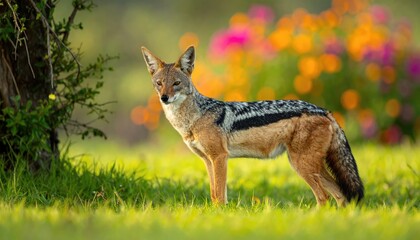 A captivating portrait of a jackal standing alertly in a vibrant outdoor setting, it exudes confidence and a sense of watchfulness