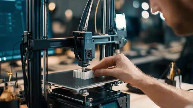 Medium shot of a designer adjusting a 3D printer to create detailed prototype models for innovative product development.