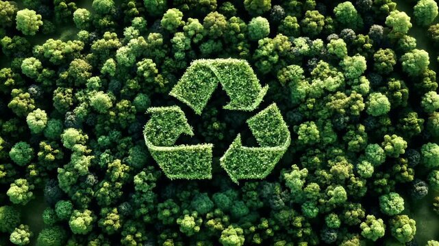 Recycling. Environment conservation. Waste management. Aerial view of a lush green forest with a stylized recycling symbol made of leaves forming the shape of a leaf.
