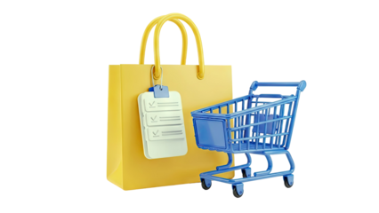 Shopping bag with checklist and shopping cart
