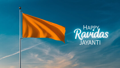 Serene blue sky with a vibrant orange flag waving proudly, illuminated by a glowing 'Happy Ravidas Jayanti' greeting, signifying devotion and cultural festivity
