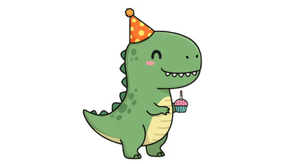 Obraz premium Adorable Cartoon Dinosaur Character Celebrating Birthday with Cupcake and Party Hat