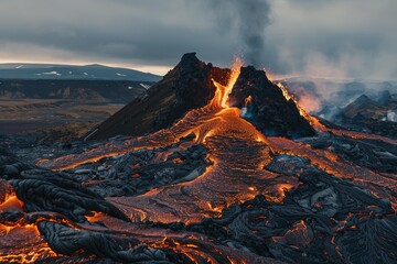 Molten lava flows down the side of an erupting volcano with glowing orange magma